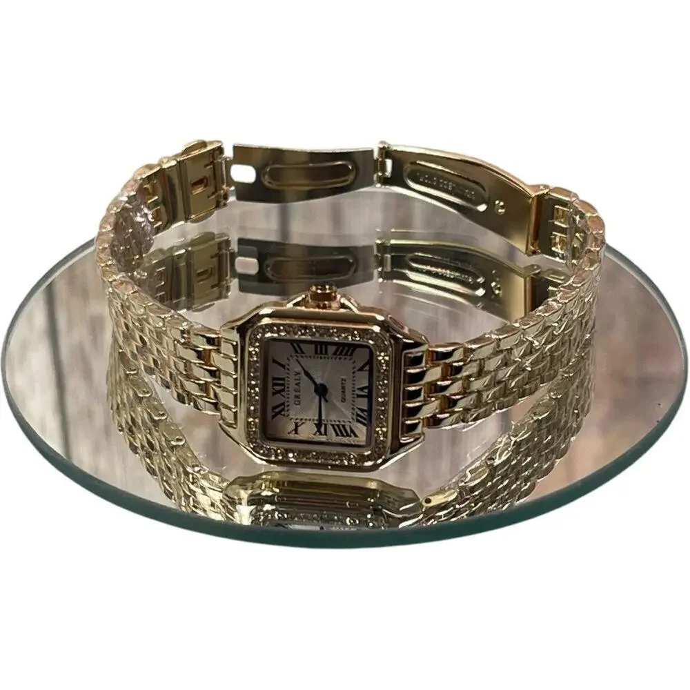 Luxury Gold Plated Zircon Square Quartz Watch